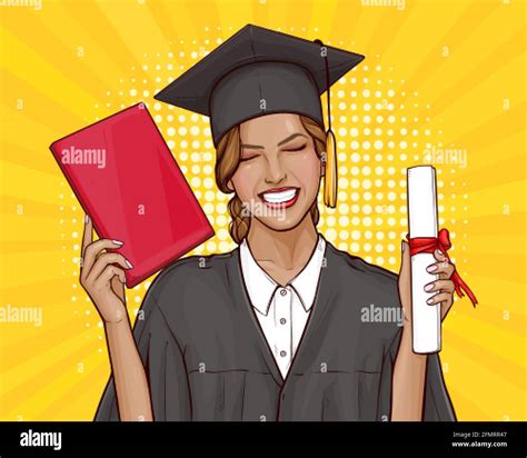 Happy Young Girl Graduate Student In Mantle And Graduation Cap Holding