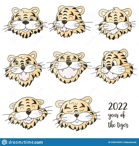 Faces Of Tigers Symbol Of Tigers In Hand Draw Style New Year