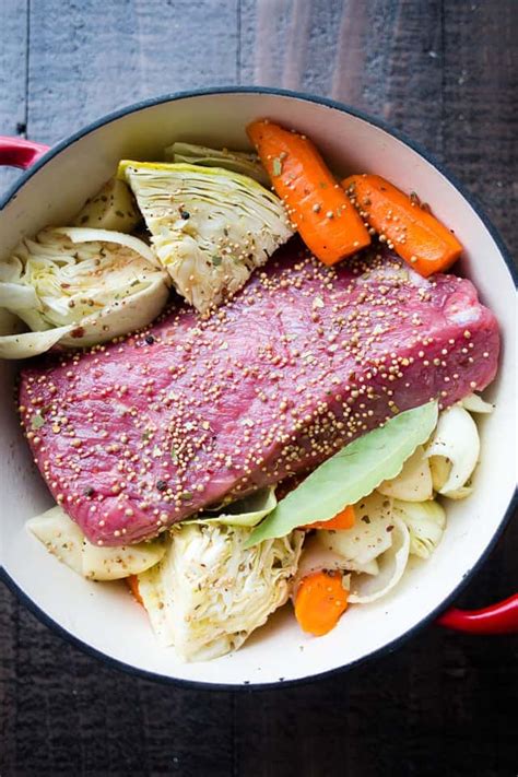 Thinly slice corned beef against the grain and serve with potatoes, carrots and cabbage, garnished with mustard and parsley, if desired. Corned Beef and Cabbage Recipe | Easy Beef Brisket Recipe