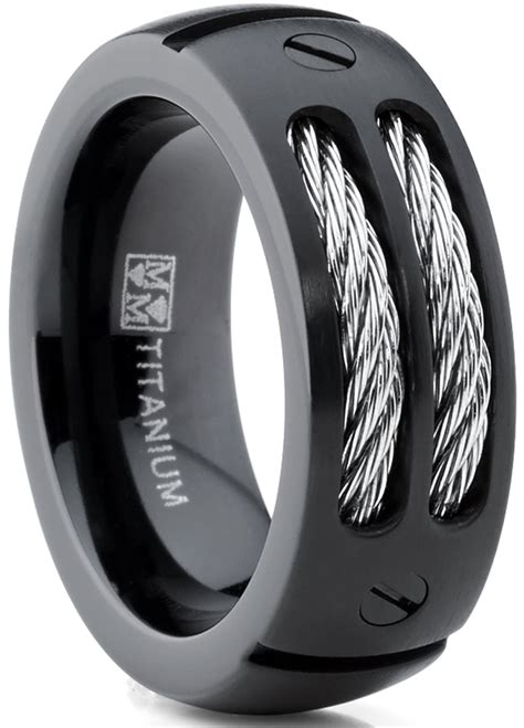 8mm Mens Black Titanium Ring Wedding Band With Stainless Steel Cables