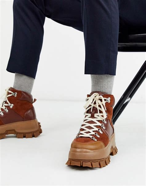 asos design lace up hiker boot in tan with chunky cleated sole asos