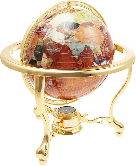Unique Art 13 Inch Tall Table Top Amberllite Pearl Gold Stand Gemstone World Globe With Gold