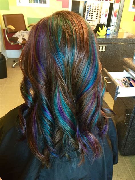 Black hair with highlights is when a lighter color is added to strands of the darkest hair color shade. Image result for purple and teal highlights | Peacock hair ...