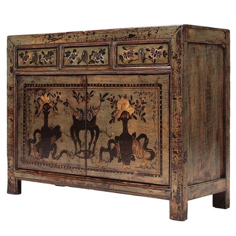 Chinese Sideboard Green Lacquer Hand Painted Chinese Sideboard
