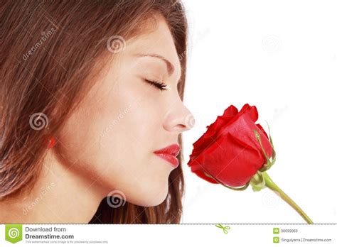 Woman Sniffing Red Rose With Closed Eyes Stock Image Image Of Cute