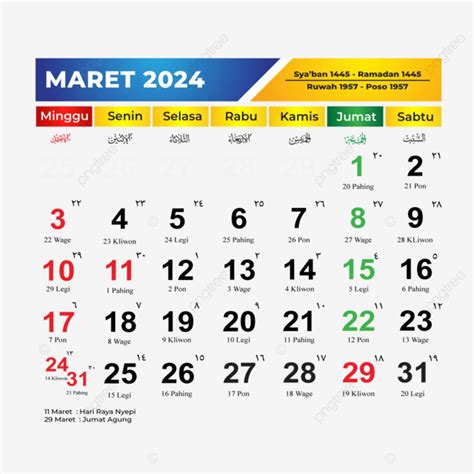 Kalender Maret Lengkap Dengan Tanggal Merah Libur Jawa Dan Hijriyah Gratis Vektor Kalender