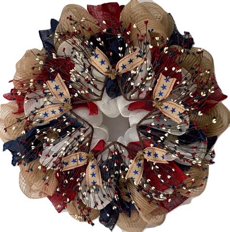 Dangling Usa Stars Patriotic Wreath Handmade Deco Mesh Etsy Deco