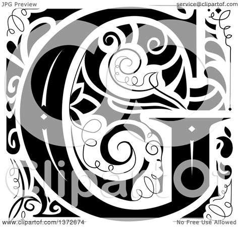 Clipart Of A Black And White Vintage Letter G Monogram Royalty Free