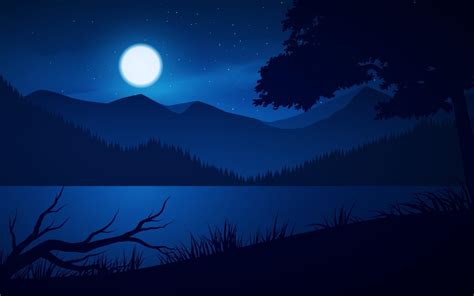 Mountain And Lake Illustration With Moonlight Vector Art At Vecteezy