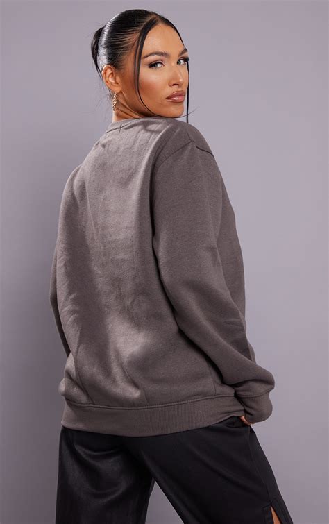 plt charcoal grey embroidered sweatshirt tops prettylittlething qa