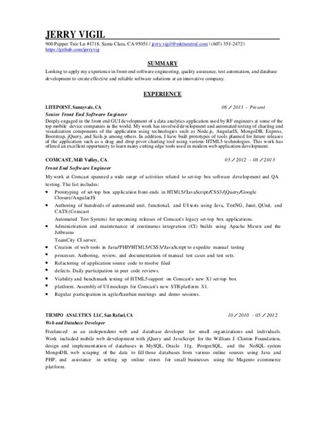 This complete software engineer cv example is an excellent guide to reference as you create your own. Jerry Vigil CV - Software Engineer - San Francisco, CA, USA