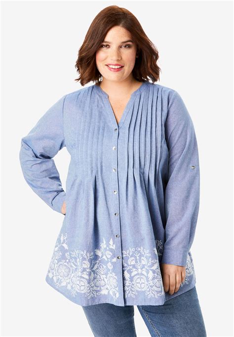 Embroidered Chambray Tunic Plus Size 32 Inches Long Fullbeauty
