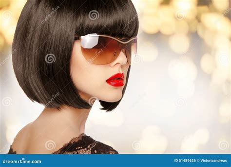 Fashion Brunette Woman In Sunglasses Black Bob Hairstyle Red L Stock