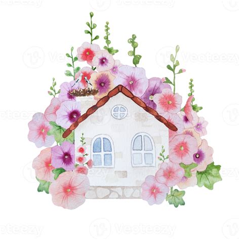 Watercolor House With Pink Flowers Mallow 19865445 Png
