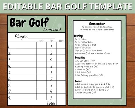 Editable Bar Golf Pub Golf Score Card Template Editable Pub Golf Score