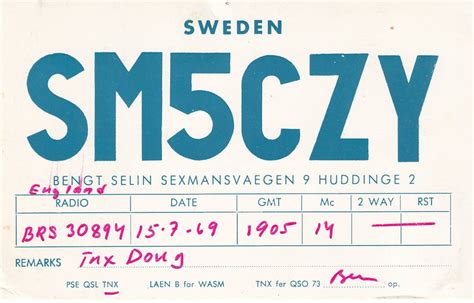 Huddinge Stockholm Sweden Qsl Amateur Radio Contact 1960s Card Topics Qsl Cards Radio