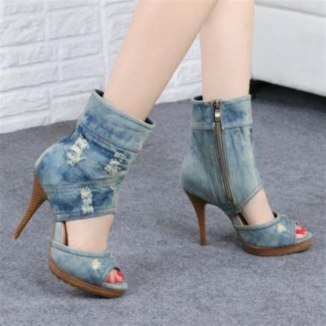 Blue Ripped Denim Jeans Ankle Peep Toe Sandals Stiletto High Heels