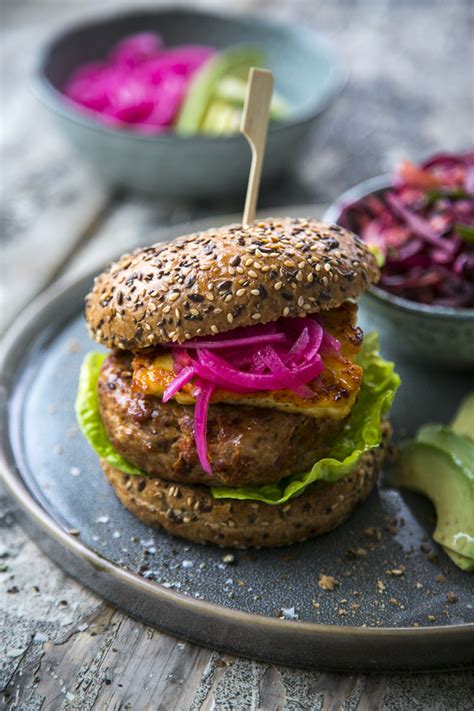 Chorizo Chicken Burgers With Quick Pickle Onions Haloumi Red Cabbage