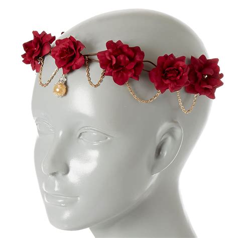 claire s gold chain burgundy flower crown headwrap fashion accessories jewelry red flower