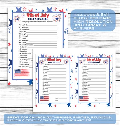 July 4th Party Word Scramble Game Printable Kids Activity Sheet Inst