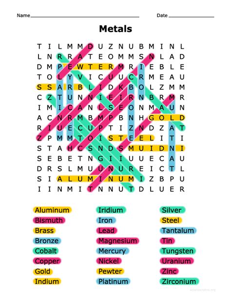 Metals Wordsearch Fun Free Science Wordsearch Puzzles