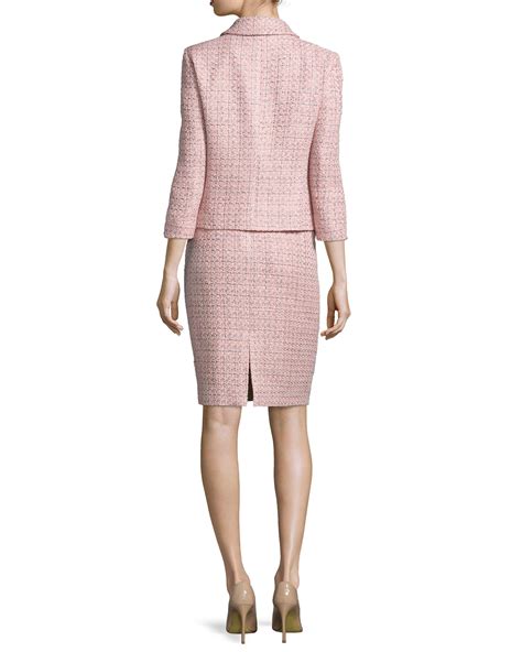 Exclusive Three Quarter Sleeve Tweed Skirt Suit Pinkblack