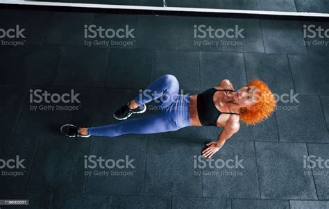 Top View Sporty Redhead Girl Have Fitness Day In Gym At Daytime
