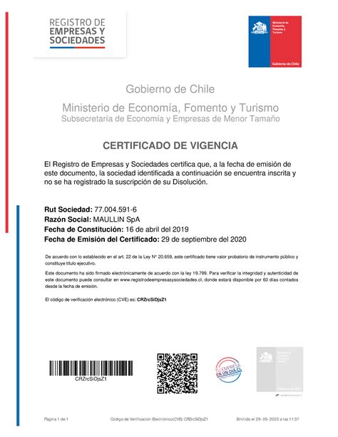 Certificado De Vigencia Gobierno De Chile Ministerio De Economía