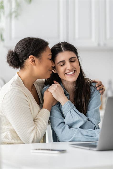 Joyful Interracial Lesbian Couple Standing With Stock Image Image Of Pretty Interracial