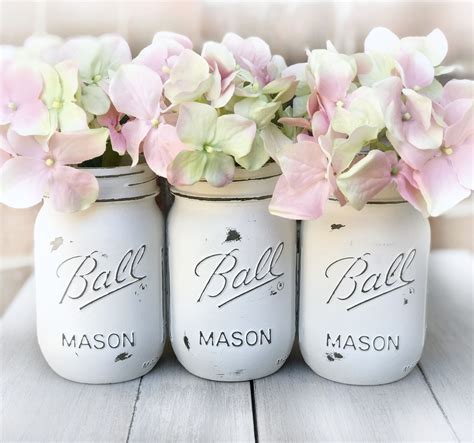 White Wedding Decor Distressed Mason Jar Pink Hydrangeas