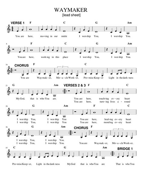 Waymaker Lead Sheet Easy Key Sheet Music For Piano Piano Voice