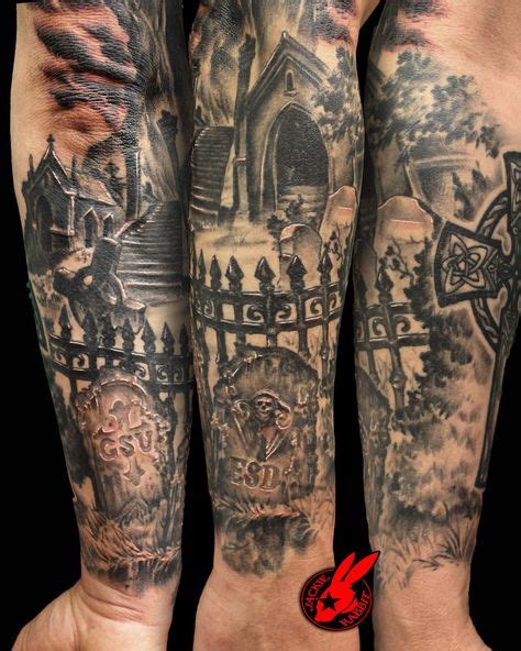 Graveyard Tombstone Sleeve Tattoo By Jackie Rabbit Tatouage Et Idées
