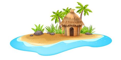 Tropical Island Vector Illustration, Stranded Caribbean Beach Hut, Sand ...