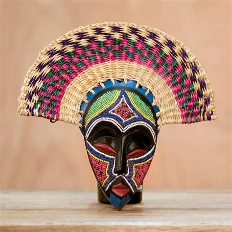 Eco Friendly African Wood Mask With Raffia From Ghana Eco Akuchinyere