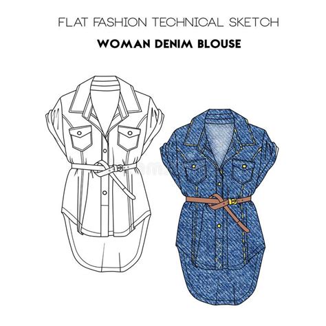 Flat Fashion Technical Sketch Woman Denim Blouse Vector Illustration