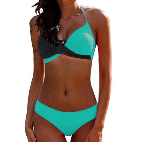 Sexy Color Block Halter Neck Bikini Set Swimsuit