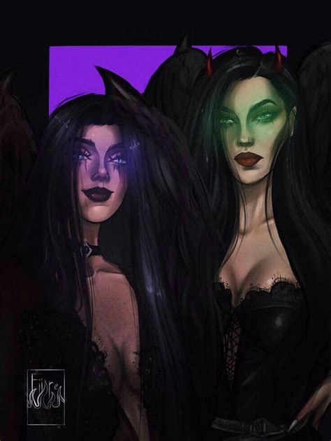 Two Women With Black Hair And Green Eyes Are Standing Next To Each