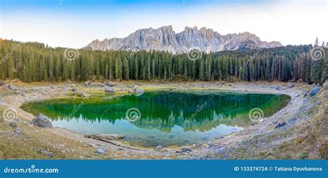 Karersee Or Lago Di Carezza Is A Lake With Mountain Range Of The