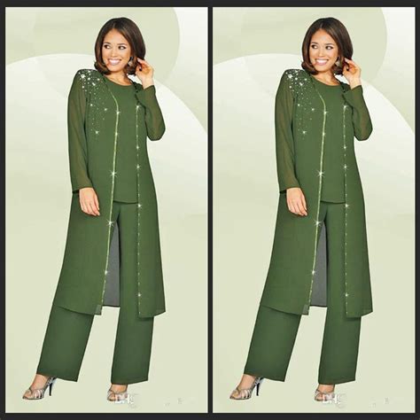 Lakshmigown elegant mother of the bride pants suits half sleeves 2 piece mother of groom dress modest guest wedding party gowns. 3 Pieces 2017 Army Green Chiffon Mother Of The Bride Pant ...