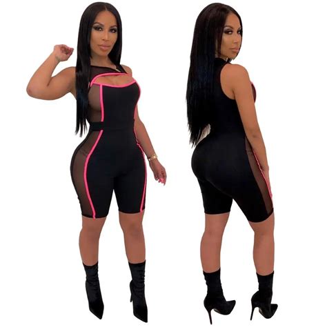 New Sexy Women Sleeveless Mesh Patchwork Jumpsuit See Through Bodysuit One Piece Cut Off Hole