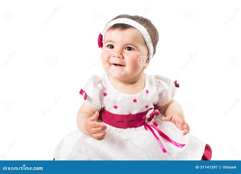 Little Cute Baby Girl In Pink Dress Isolated On White Background Stock