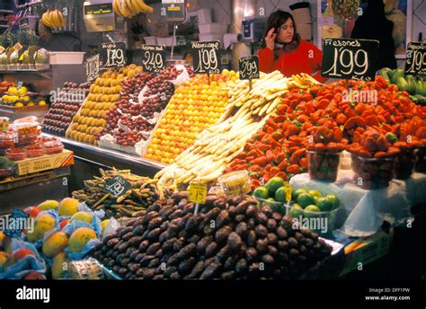 Fruit And Vegetables For Sale At A Market In Barcelona Spain With A