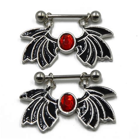 pair surgical steel bat wing nipple shield barbell ring with red cz gem body piercing jewelry
