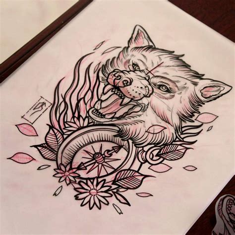 Vicious Wolf And Compass In Red Shine Tattoo Design Tattooimagesbiz