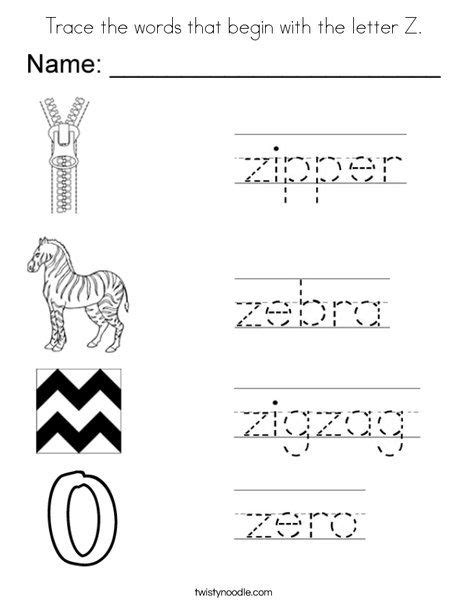 Trace The Words That Begin With The Letter Z Coloring Page Twisty