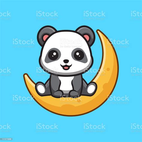 Panda Sitting On Moon Cute Creative Kawaii Cartoon Mascot Logo Stock