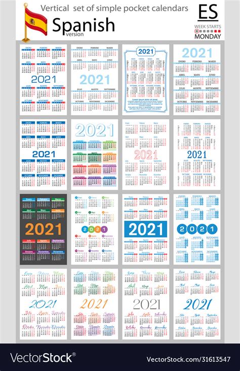 Spanish Vertical Pocket Calendar For 2021 Vector Image