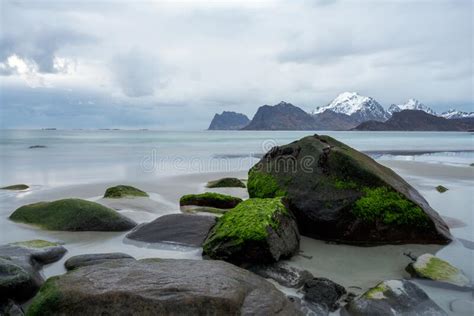 Wet Boulders And Rocks In Lofoten Islands During Sunset And Blue Hours