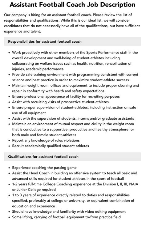 Assistant Football Coach Job Description Velvet Jobs