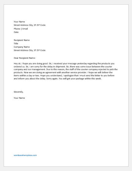 Apology Lettermessage For Delayed Shipment Word And Excel Templates